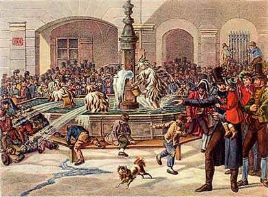 Das Brunnenspringen der Metzger in München – historischer Stich aus dem 18. Jahrhundert (heutiger Fischbrunnen am Marienplatz).